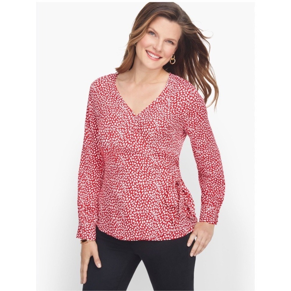 Talbots Wrap Blouse with Side Tie Woman’s Size 1X Red & White Print Long Sleeve